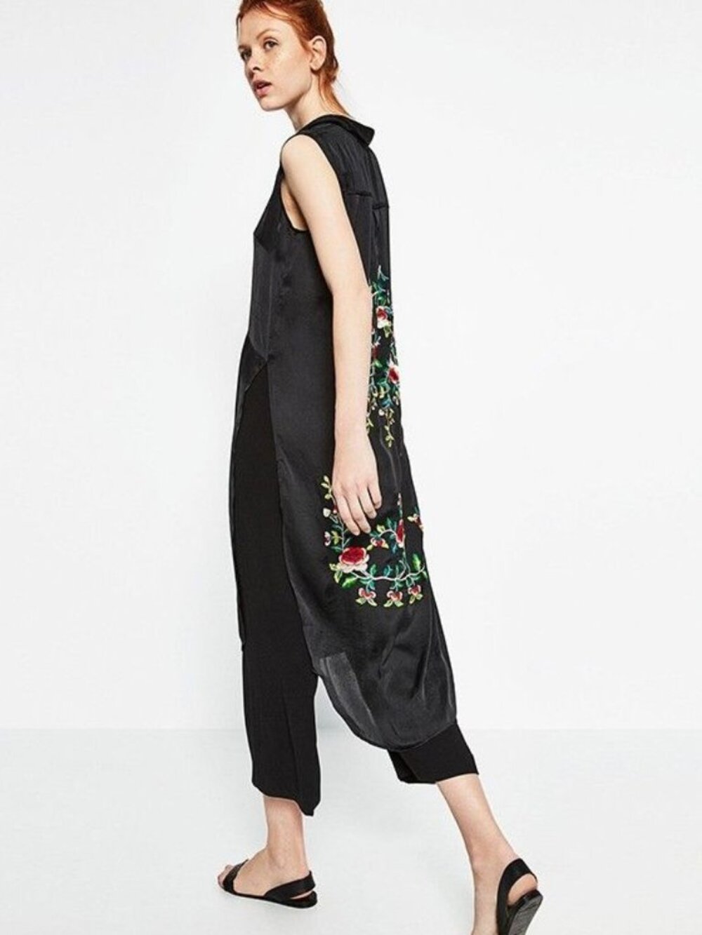 ZARA Black Satin Longline Sleeveless Shirt Dress Floral Embroidery